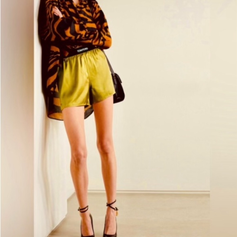 Tom Ford Yellow Satin Shorts with Black Waistband - Picture 6 of 7